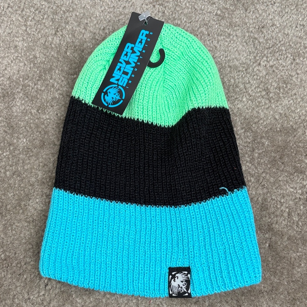 Never Summer Men's Green and Blue Beanie